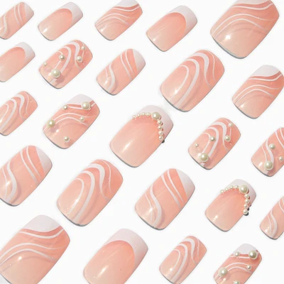 Pearl Swirl Mid Square Vegan Faux Nail Set - 24 Pack