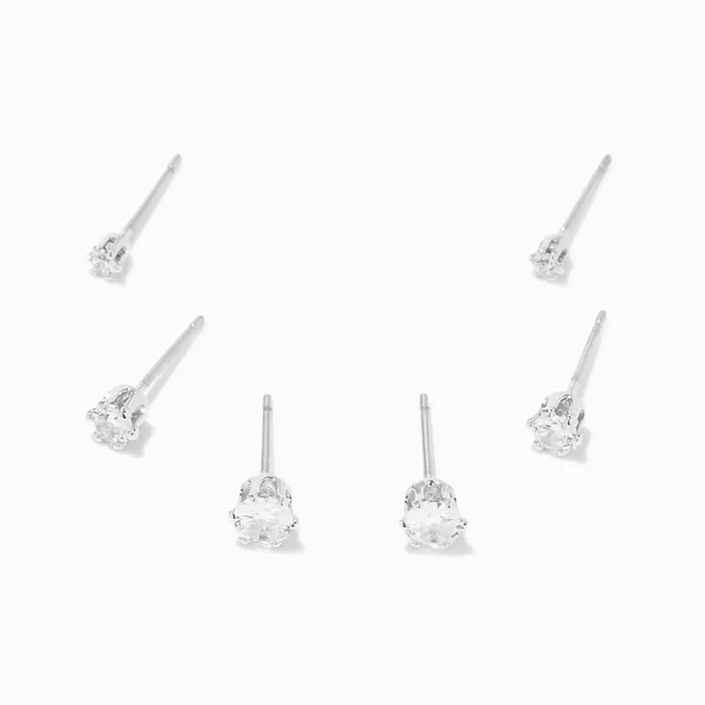 Silver Cubic Zirconia 2MM, 3MM, & 4MM Round Stud Earrings - 3 Pack