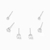 Silver Cubic Zirconia 2MM, 3MM, & 4MM Round Stud Earrings - 3 Pack