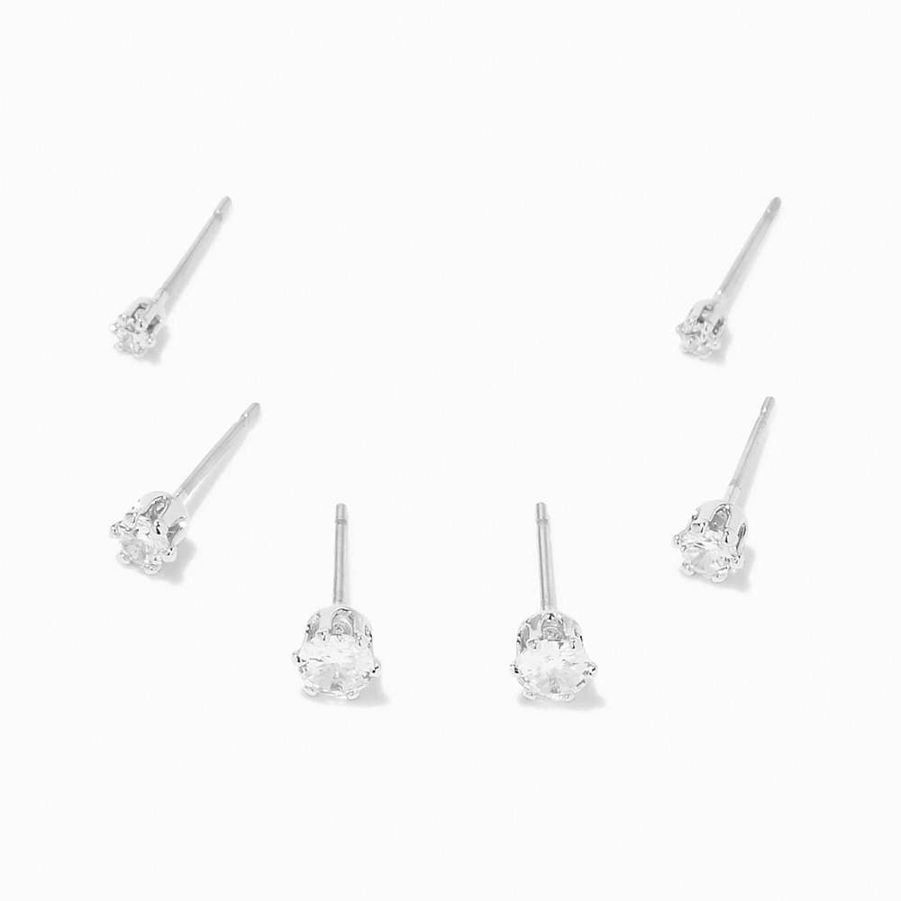 Silver-tone Cubic Zirconia 2mm, 3mm, & 4mm Round Stud Earrings - 3 Pack