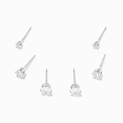 Silver-tone Cubic Zirconia 2MM, 3MM, & 4MM Round Stud Earrings - 3 Pack