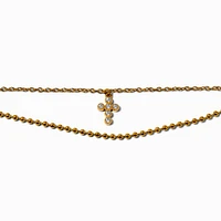 Gold-tone Crystal Cross Stainless Steel Multi-Strand Chain Anklet