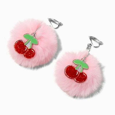 Cherry Pom Pom Clip-On Drop Earrings