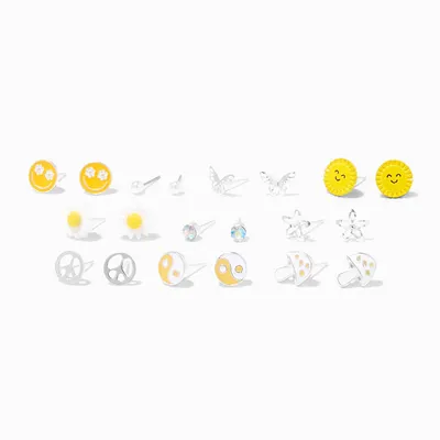 Yellow Sun Silver Stud Earrings - 9 Pack