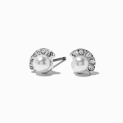 Pearl & Crystal Fan Silver-tone Stud Earrings