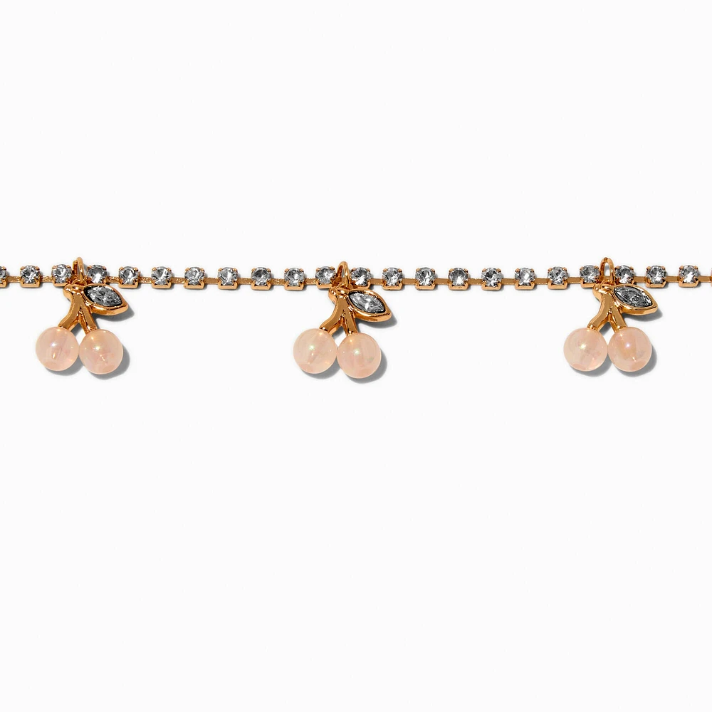 Gold-tone Crystal Cup Chain Pearlized Cherry Charm Bracelet