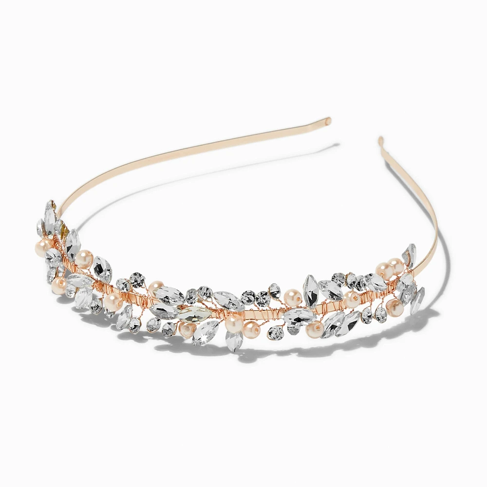 Rose Gold-tone Crystal Leaf & Pearl Headband