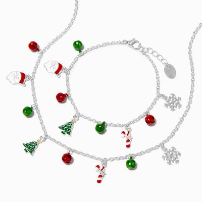 Christmas Tree, Santa, Candy Cane & Snowflake Necklace & Charm Bracelet Set - 2 Pack