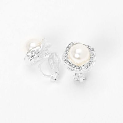 Silver Embellished Halo Pearl Clip On Stud Earrings