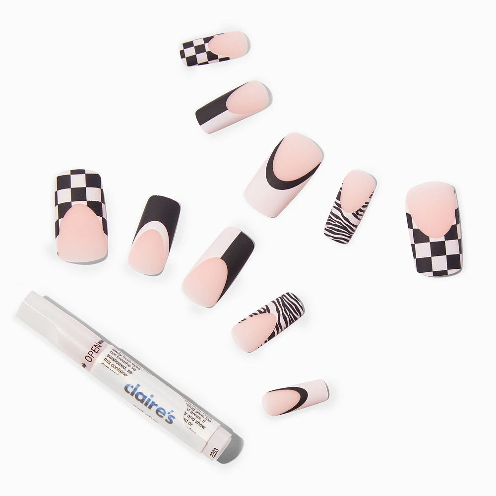 Zebra Check Tip Long Square Vegan Faux Nail Set - 24 Pack