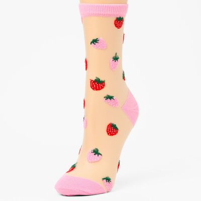 Embroidered Strawberries Sheer Crew Socks - Pink