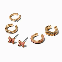 Gold-tone Butterfly Stud & Ear Cuff Earrings Stackables - 6 Pack