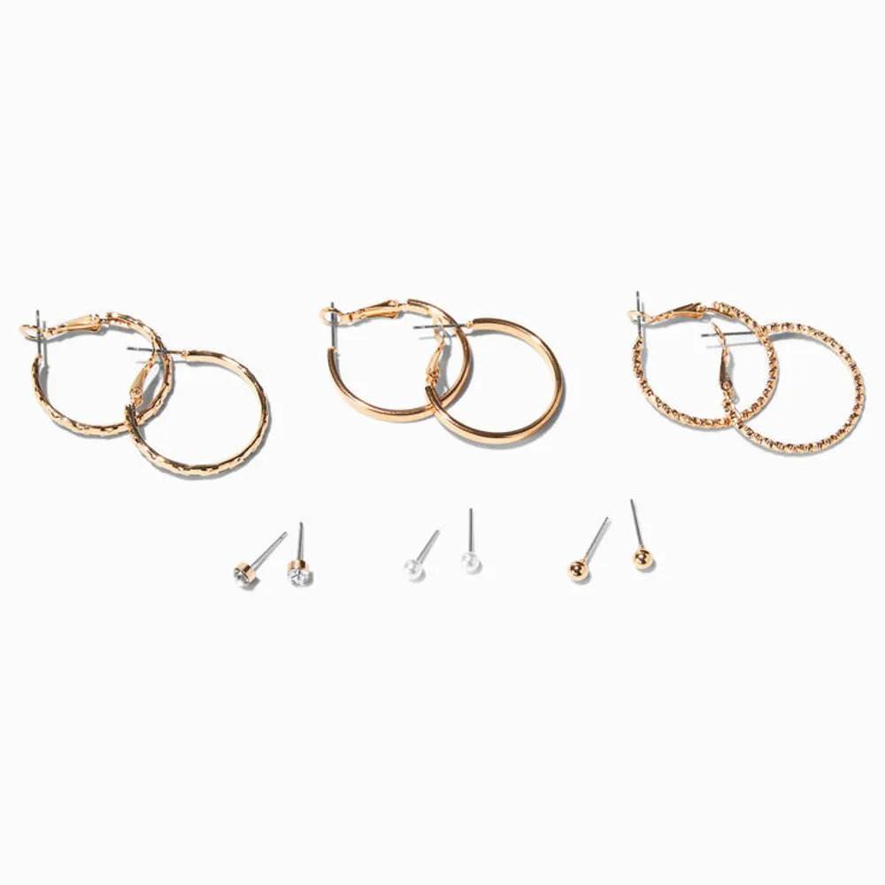 Gold Textured Hoop & Studs Earrings Set - 6 Pack
