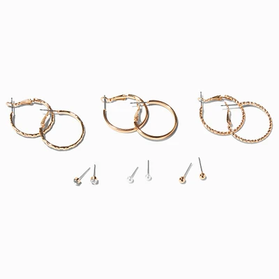 Gold-tone Textured Hoop & Studs Earrings Set - 6 Pack