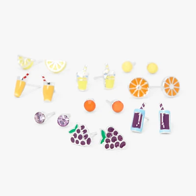 Silver Fruit Juice Stud Earrings - 9 Pack