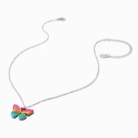 Silver-tone Anodized Rainbow Butterfly Pendant Necklace