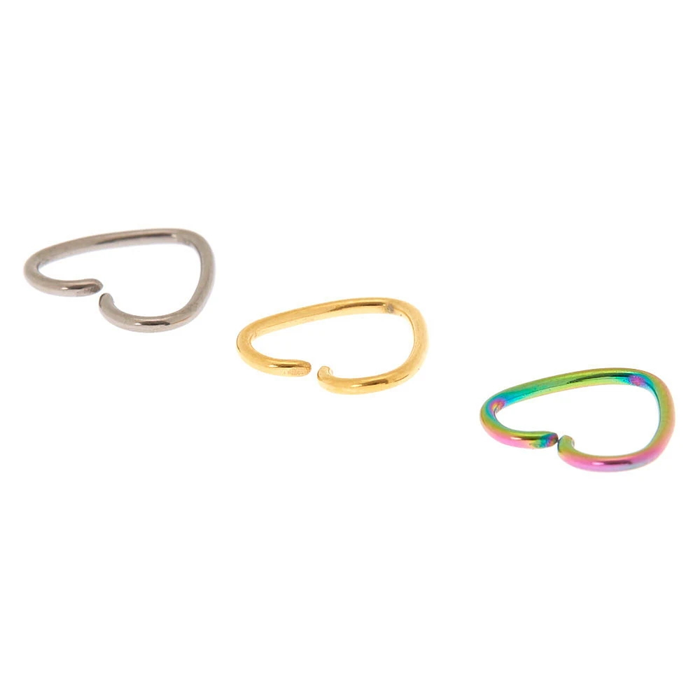 Mixed Metal Titanium 16G Anodized Heart Cartilage Hoop Earrings - 3 Pack