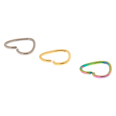 Mixed Metal Titanium 16G Anodized Heart Cartilage Hoop Earrings - 3 Pack