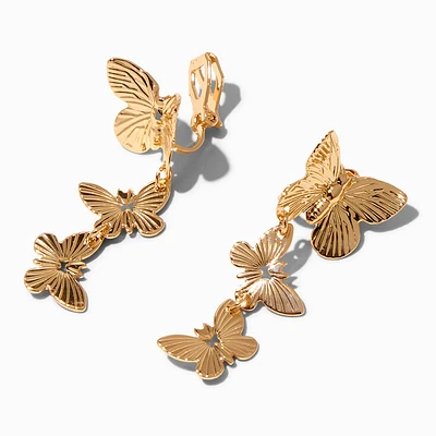 Gold 1.5" Butterfly Clip-On Drop Earrings