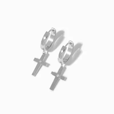 Silver-tone Stainless Steel Cubic Zirconia 15MM Cross Huggie Hoop Earrings