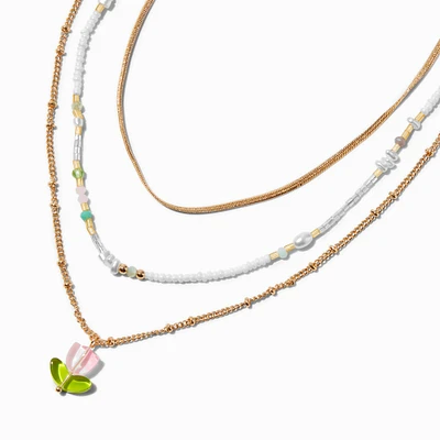 Pink Tulip Gold-tone Multi-Strand Necklace