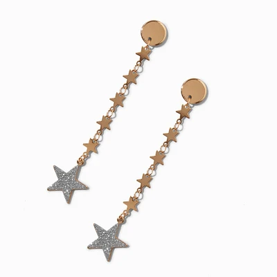 Gold-tone Glitter Star Linear Drop Earrings