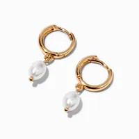 Gold 10MM Pearl Huggie Hoop Earrings