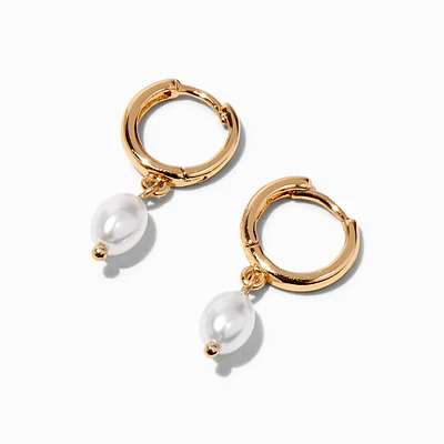 Gold 10MM Pearl Huggie Hoop Earrings