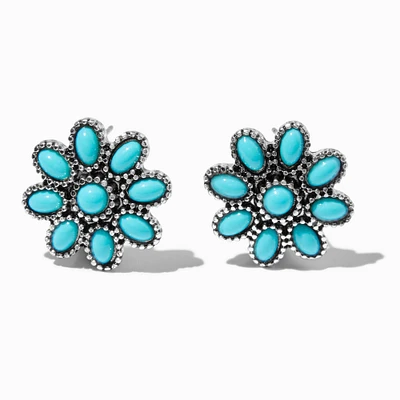 Turquoise Flower Cowgirl Silver-tone Stud Earrings