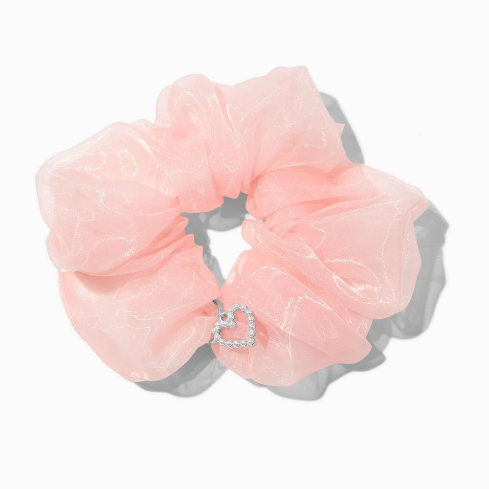 Light Pink Organza Heart Charm Hair Scrunchie