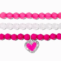 Hot Pink Heart Beaded Stretch Bracelets - 3 Pack