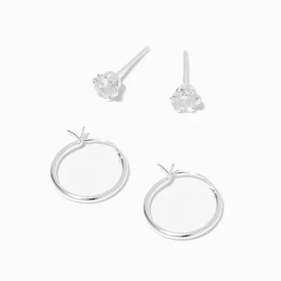 C LUXE by Claire's Sterling Silver Cubic Zirconia 5MM Round Stud & 14MM Hoop Earrings