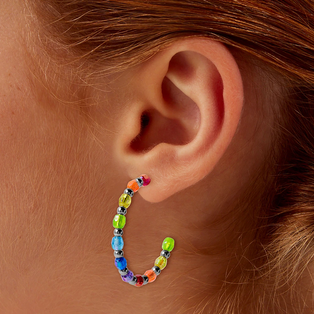 Silver-tone & Rainbow Beads Hoop Earrings