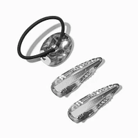 Silver Hammered Snap Hair Clips & Hair Tie - 3 Pack