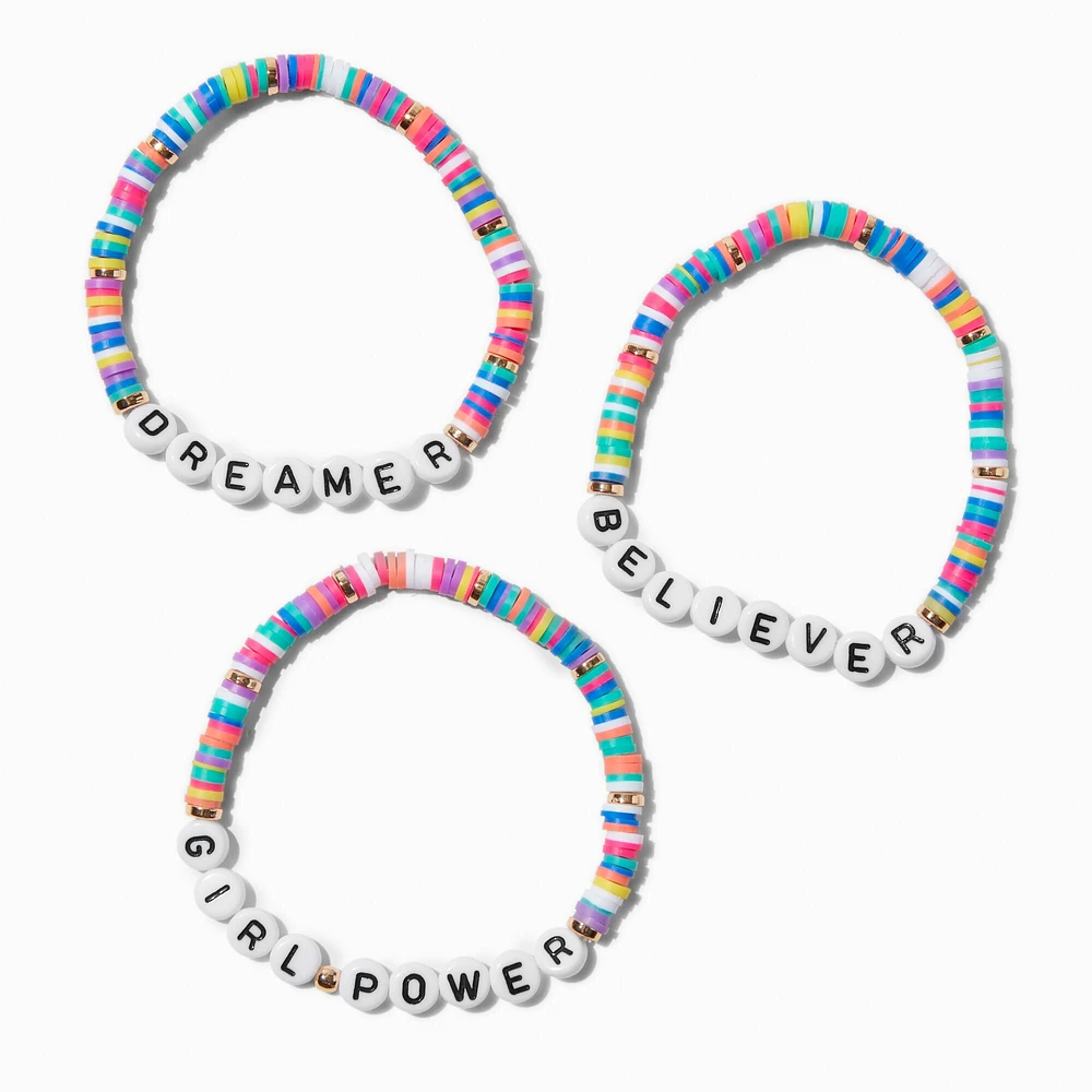 Claire's Club Inspirational Words Rainbow Fimo Clay Stretch Bracelets - 3 Pack