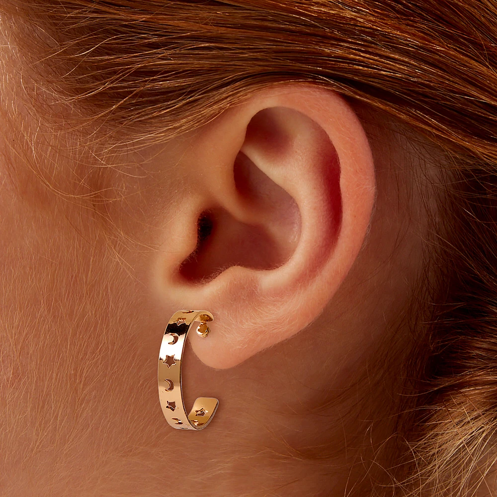 Gold-tone Moon & Stars Cut-Out Half Hoop Earrings