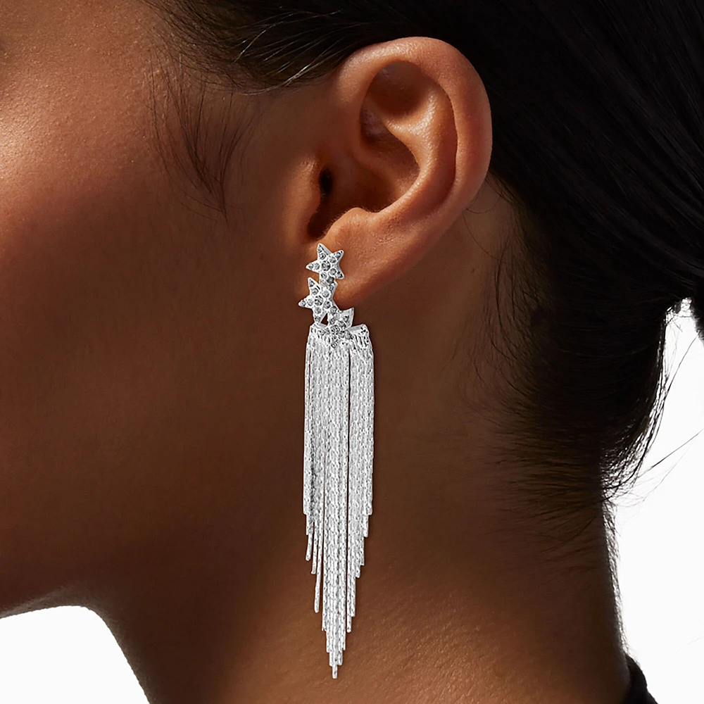 Silver-tone Front & Back Star Fringe Drop Earrings