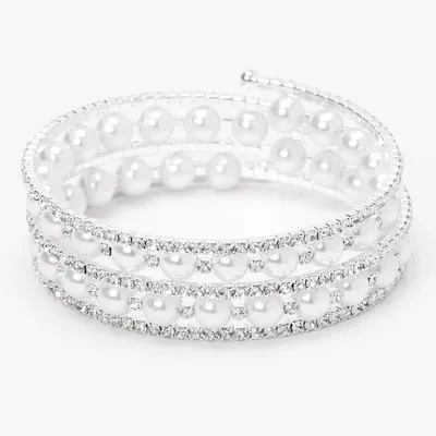 Silver Embellished Pearl Coil Wrap Bracelet