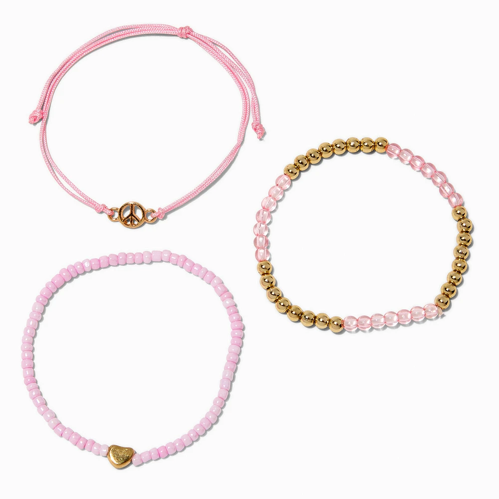 Peace Sign & Heart Pink Beaded Bracelet Set - 3 Pack