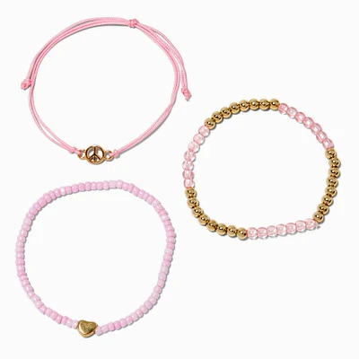 Peace Sign & Heart Pink Beaded Bracelet Set - 3 Pack