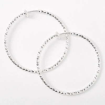 Silver 40MM Textured Clip On Hoop Earrings