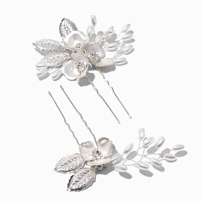 Matte Silver Floral Spray Hair Pins - 2 Pack