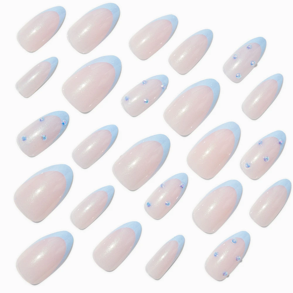 Blue Chrome French Tip Bling Stiletto Vegan Faux Nail Set - 24 Pack