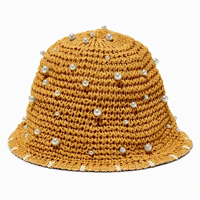 Pearl-Studded Woven Bucket Hat
