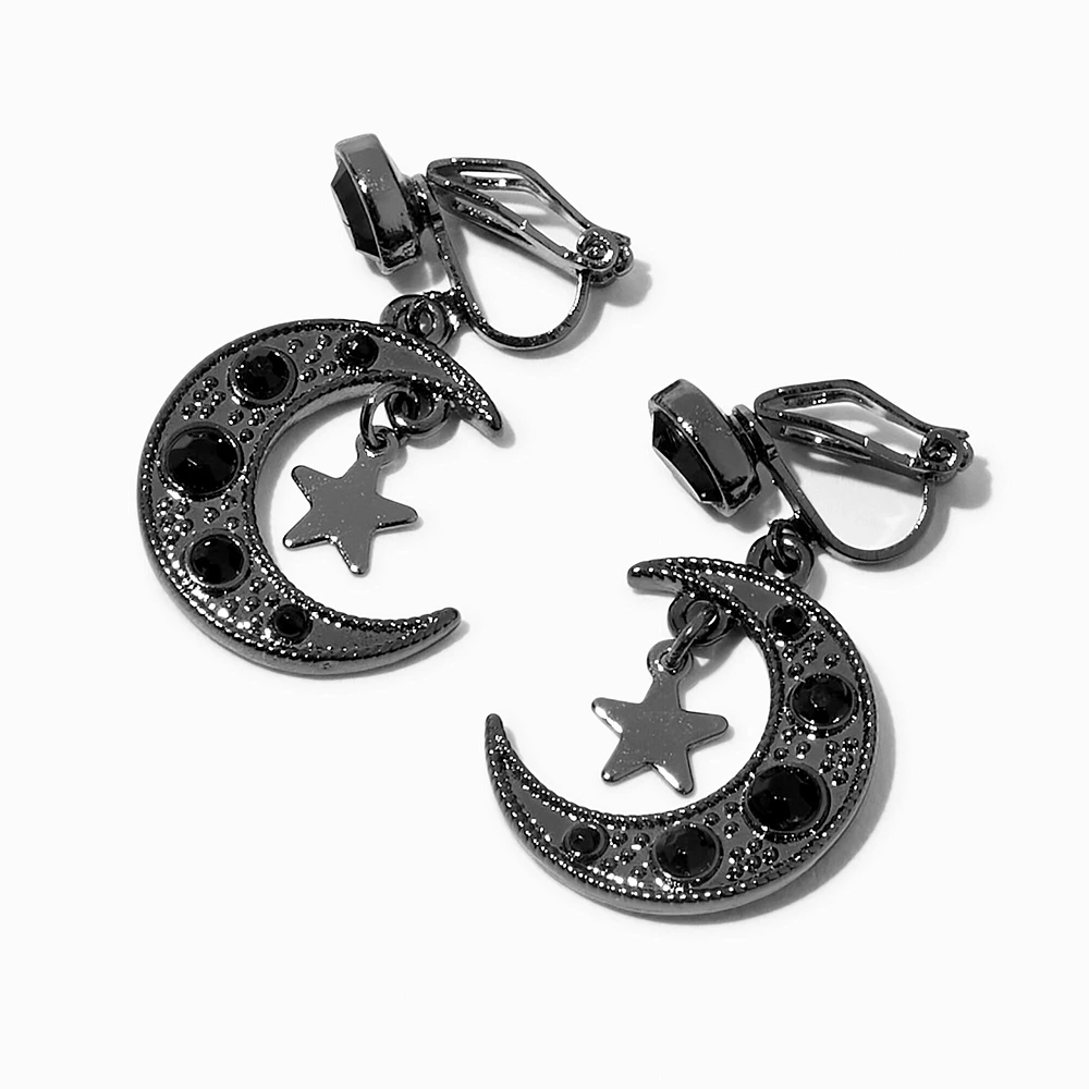 Black Crescent Moon Star 1" Clip-On Drop Earrings