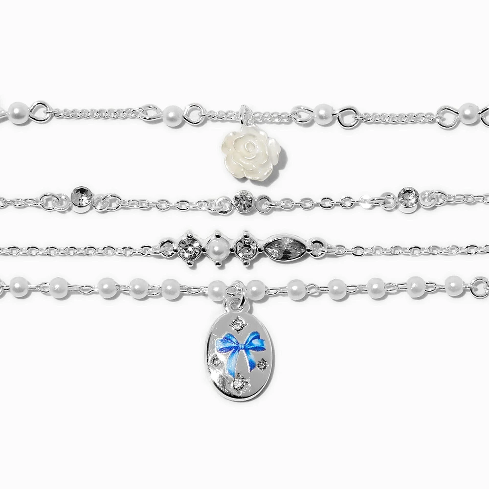 Silver-tone Pearl & Rose Chain Bracelets - 4 Pack