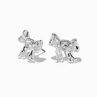 Silver-tone Crystal Heart Bow Stud Earrings