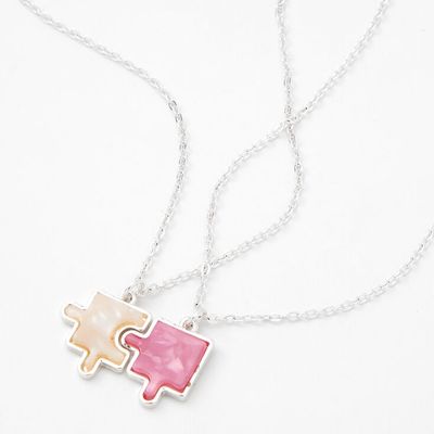 Best Friends Puzzle Piece Pendant Necklaces - Pink/White, 2 Pack