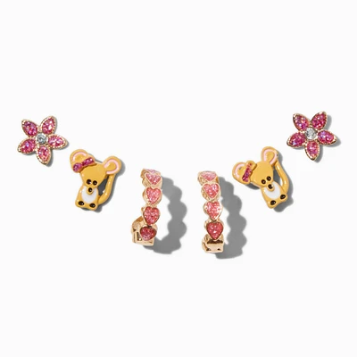 Gold-tone Flower, Mouse & Heart Hoop Earring Stackables Set - 3 Pack