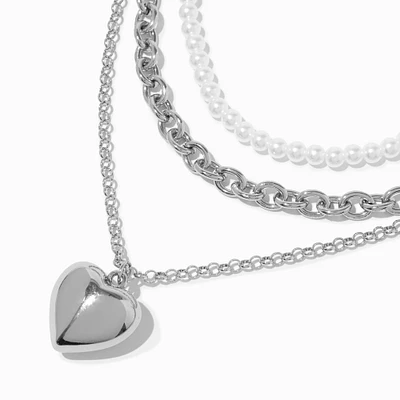 Silver-tone Puff Heart & Pearl Multi-Strand Necklace